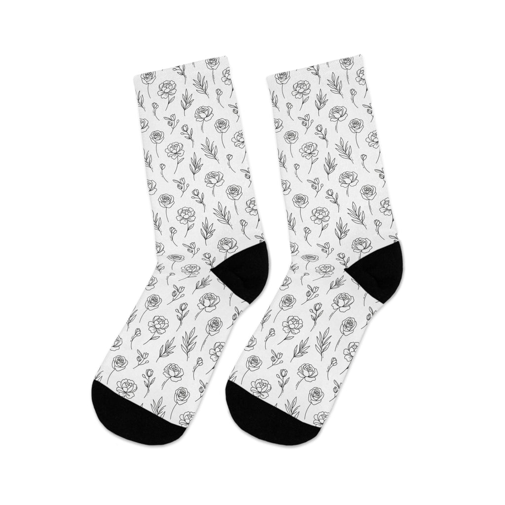 Floral Sketch Recycled Poly Socks — Eco-Friendly Black & White Flower Crew Socks