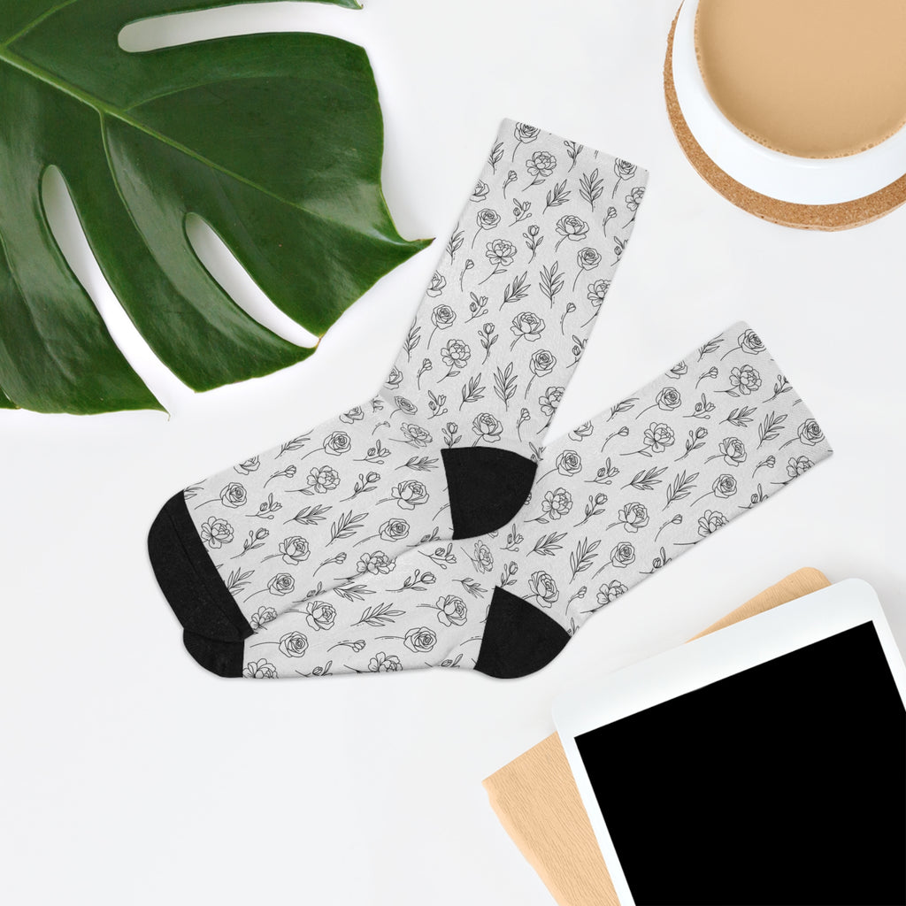 Floral Sketch Recycled Poly Socks — Eco-Friendly Black & White Flower Crew Socks